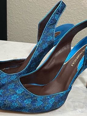 Bruno Magli Metallic Turquoise Sapphire Shimmer Slingback Heels size 39 NWOB